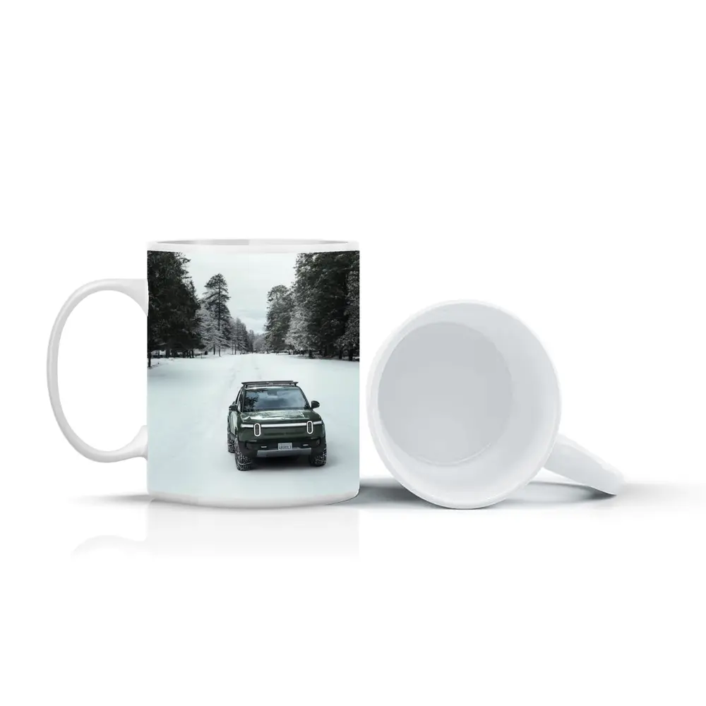 Rivian R1S Green Truck Snowy Forest Road – Mugs