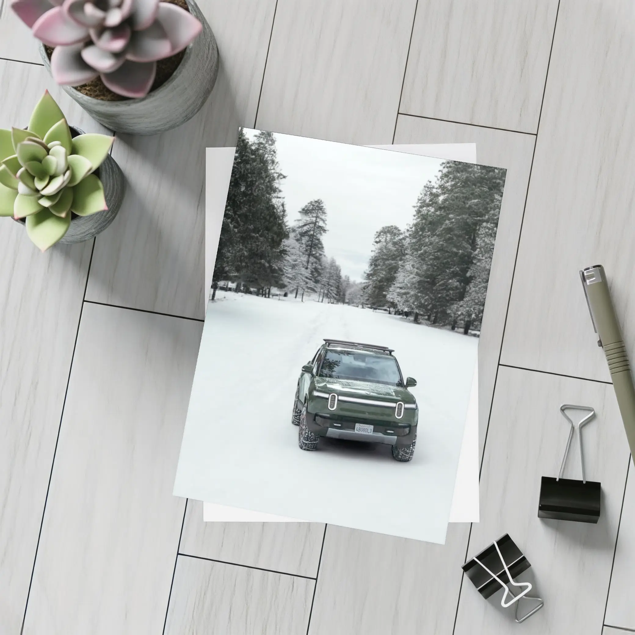 Rivian R1S Green Truck Snowy Forest Road – Postcards
