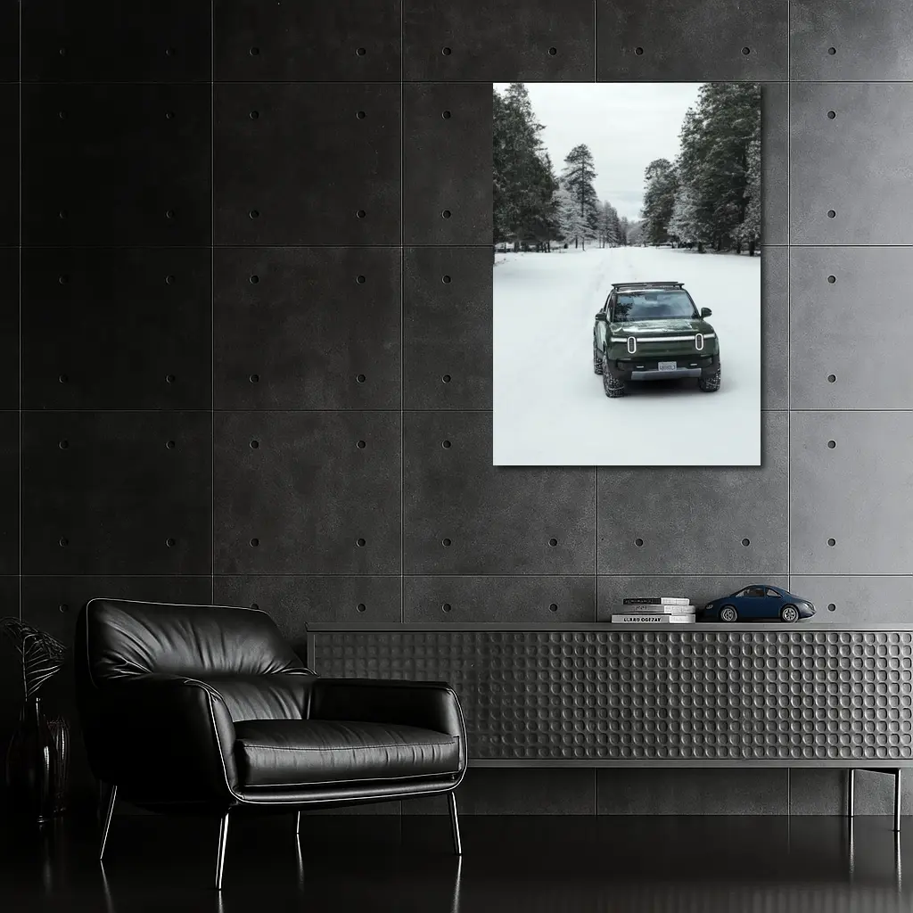 Rivian R1S Green Truck Snowy Forest Road – Wall Art