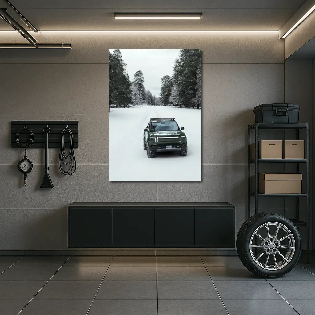 Rivian R1S Green Truck Snowy Forest Road – Wall Art