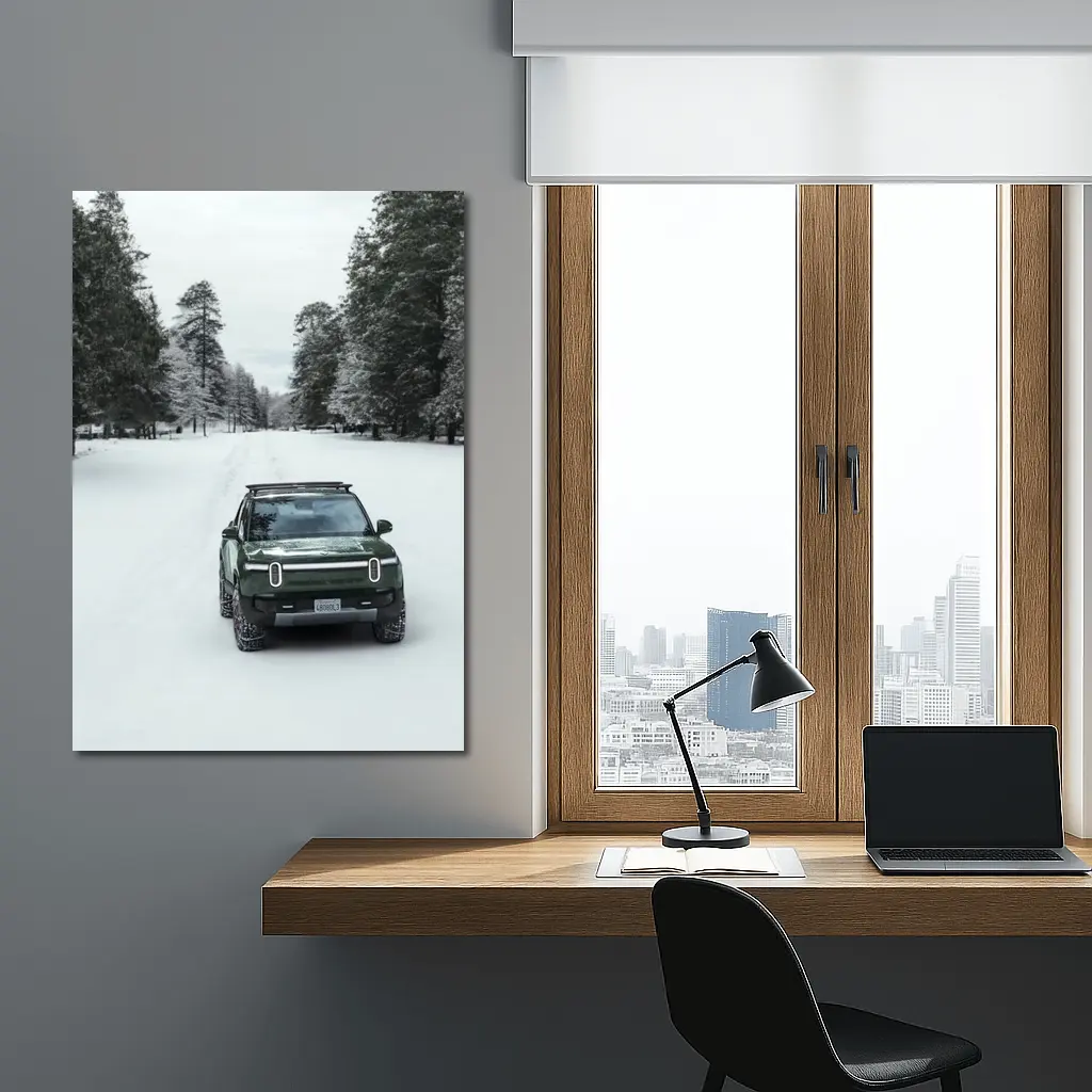Rivian R1S Green Truck Snowy Forest Road – Wall Art