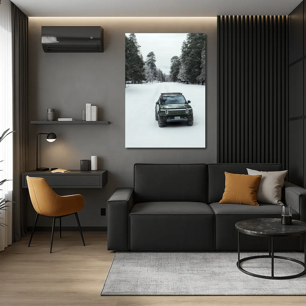 Rivian R1S Green Truck Snowy Forest Road – Wall Art