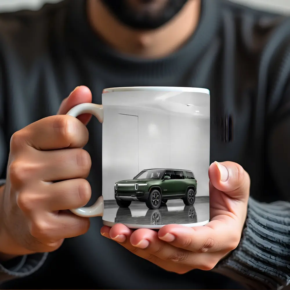 Rivian R1S Green SUV Clean White Studio – Mugs