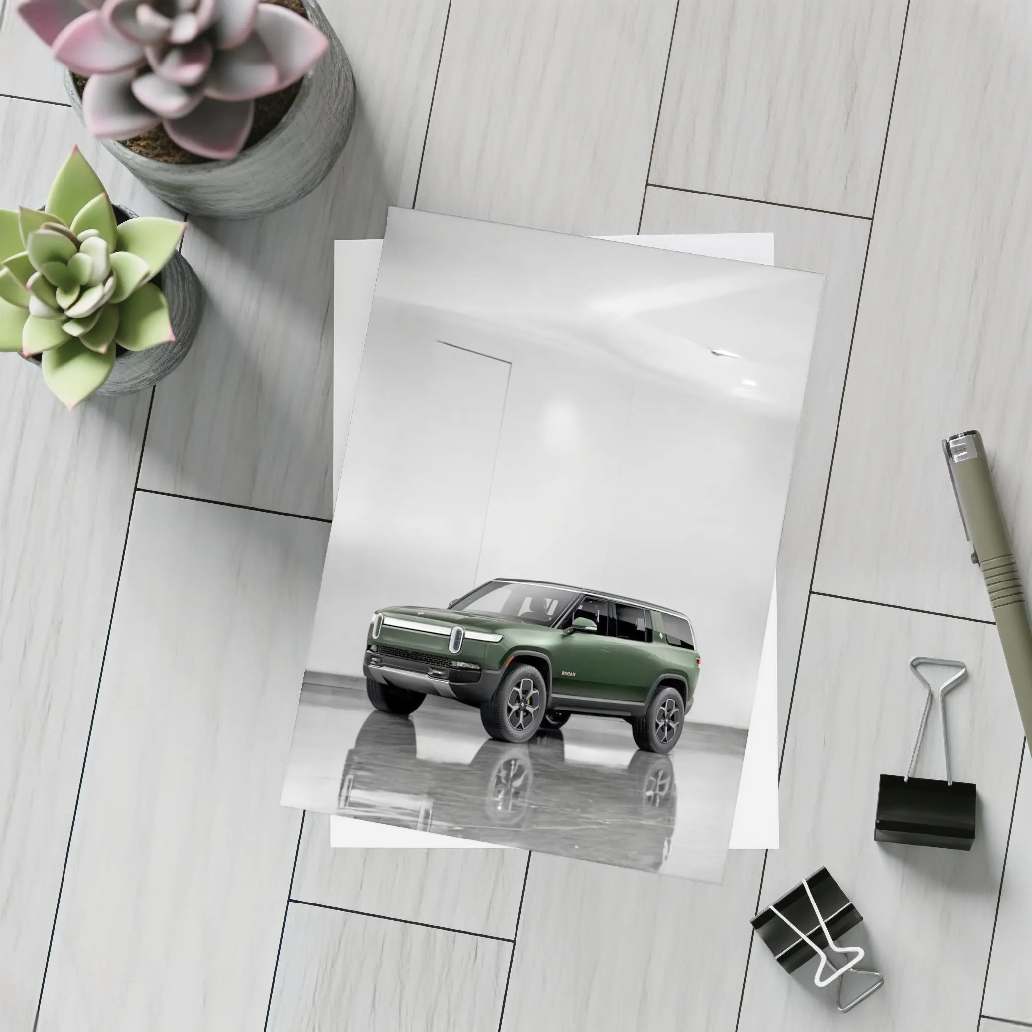 Rivian R1S Green SUV Clean White Studio – Postcards