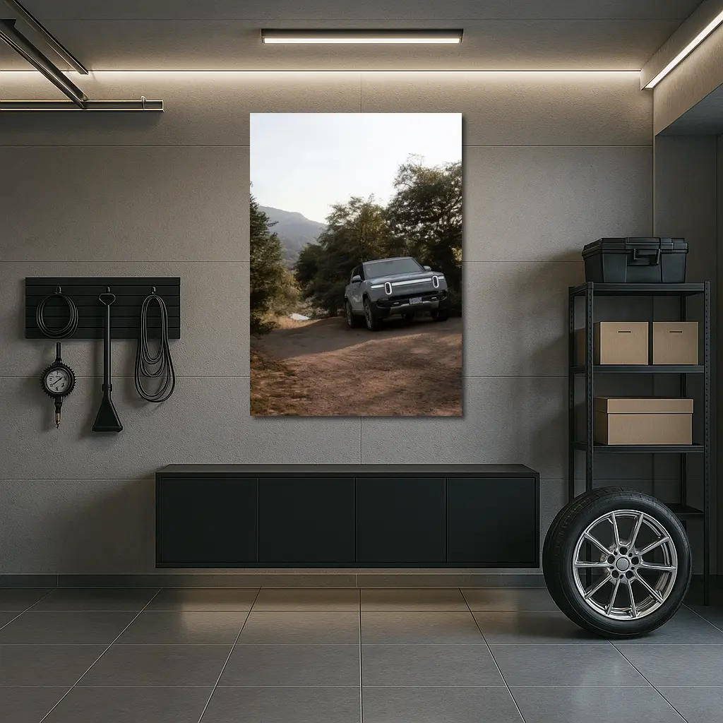 Rivian R1T Electric Truck Dirt Road Forest – Wall Art