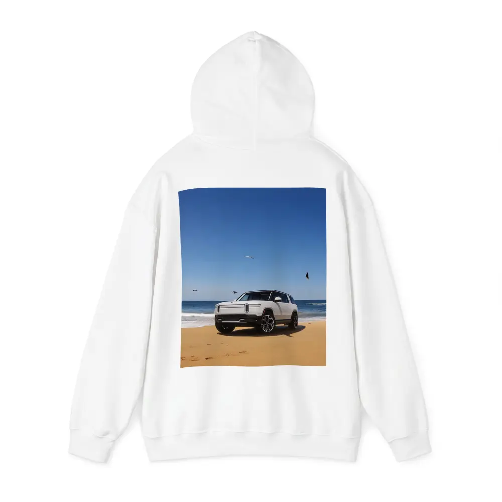 Rivian R1S White SUV Beach Ocean – Hoodies