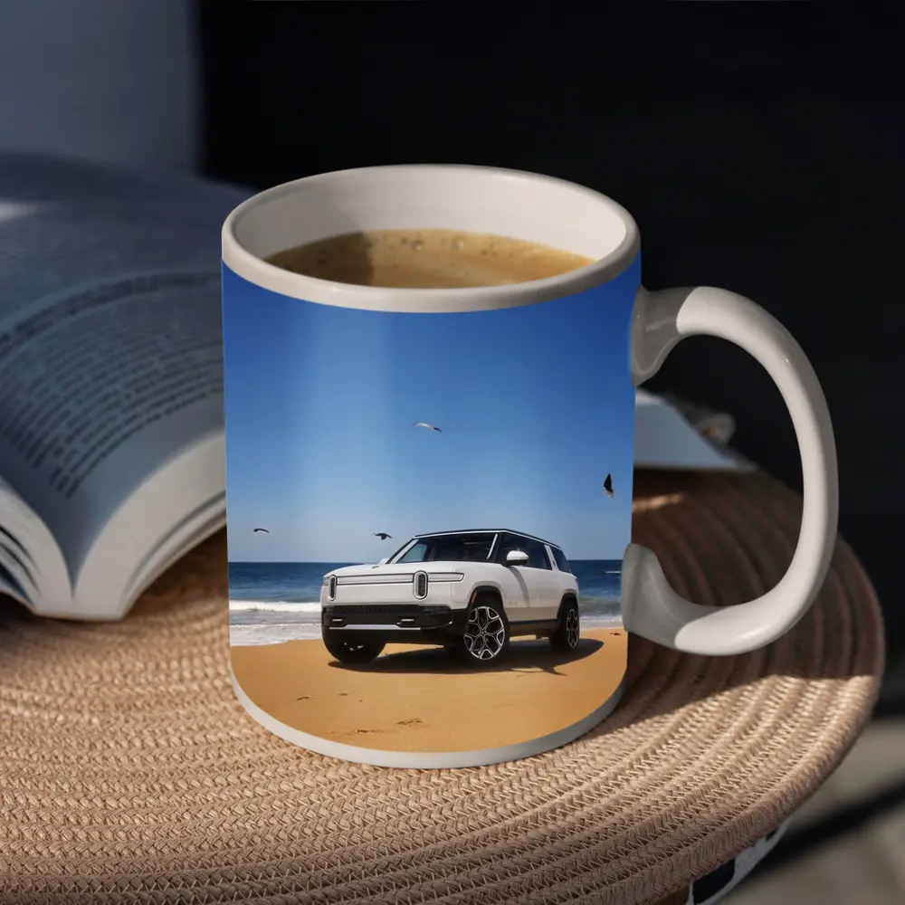 Rivian R1S White SUV Beach Ocean – Mugs