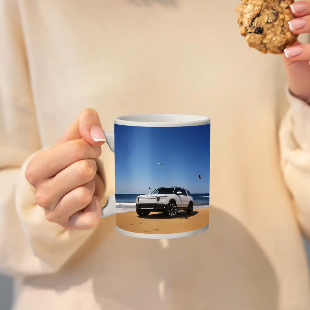 Rivian R1S White SUV Beach Ocean – Mugs
