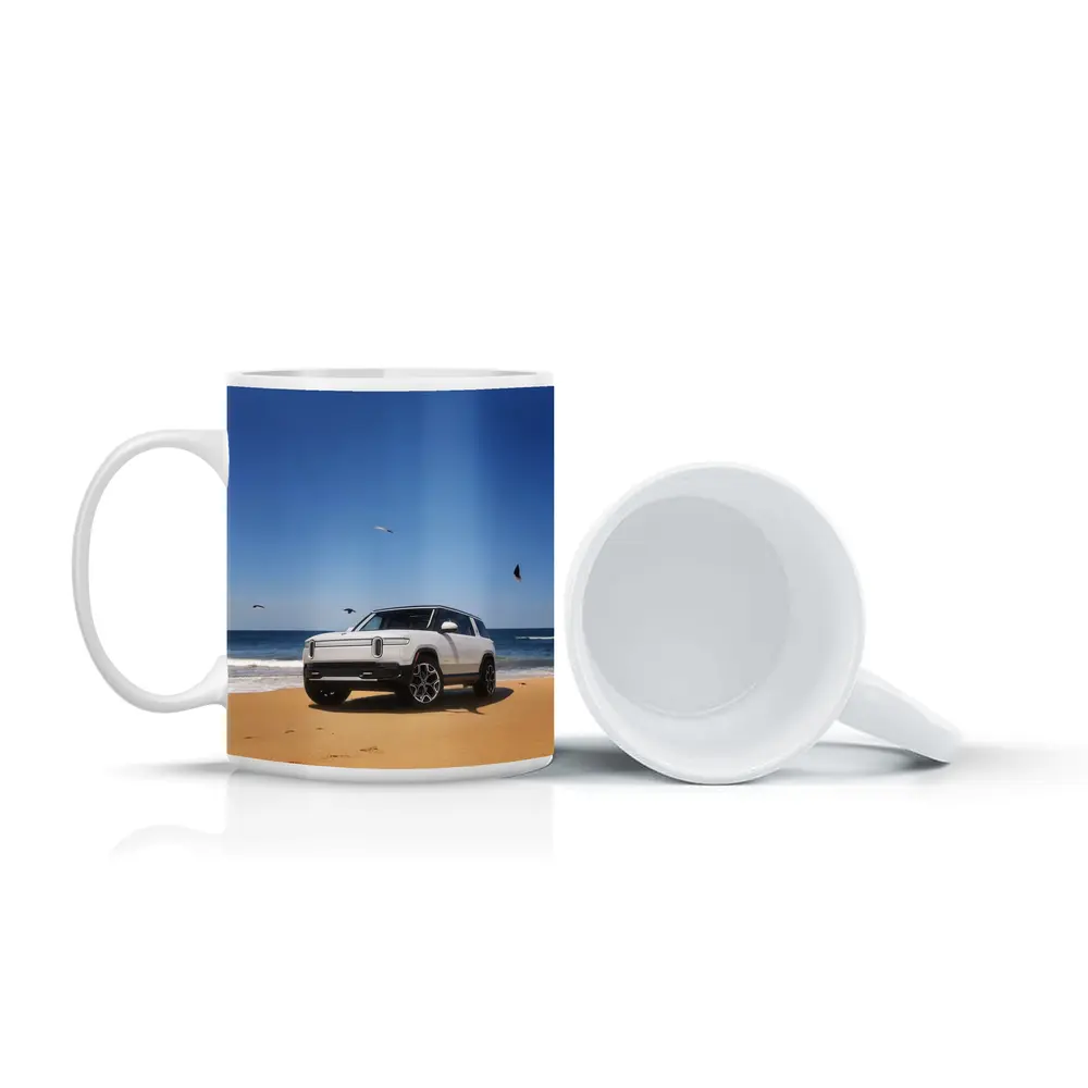 Rivian R1S White SUV Beach Ocean – Mugs