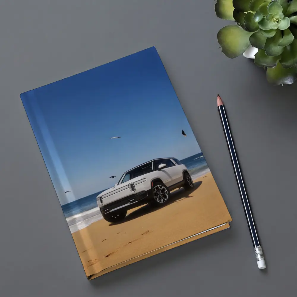 Rivian R1S White SUV Beach Ocean – Notebooks