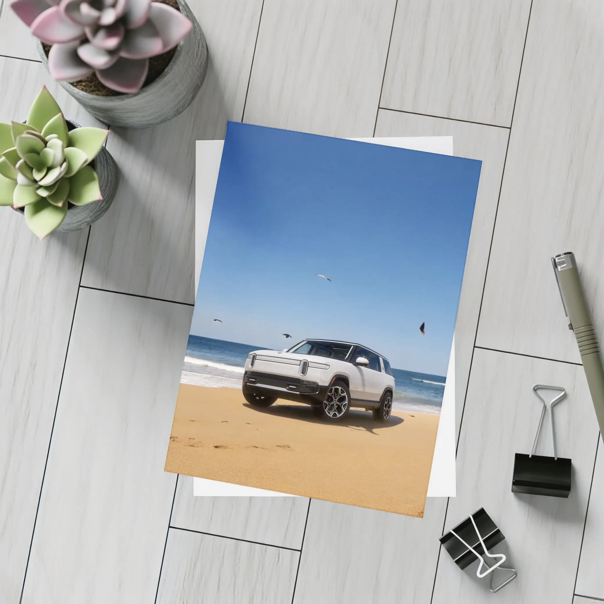 Rivian R1S White SUV Beach Ocean – Postcards