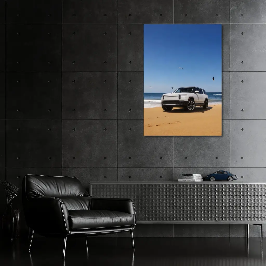 Rivian R1S White SUV Beach Ocean – Wall Art