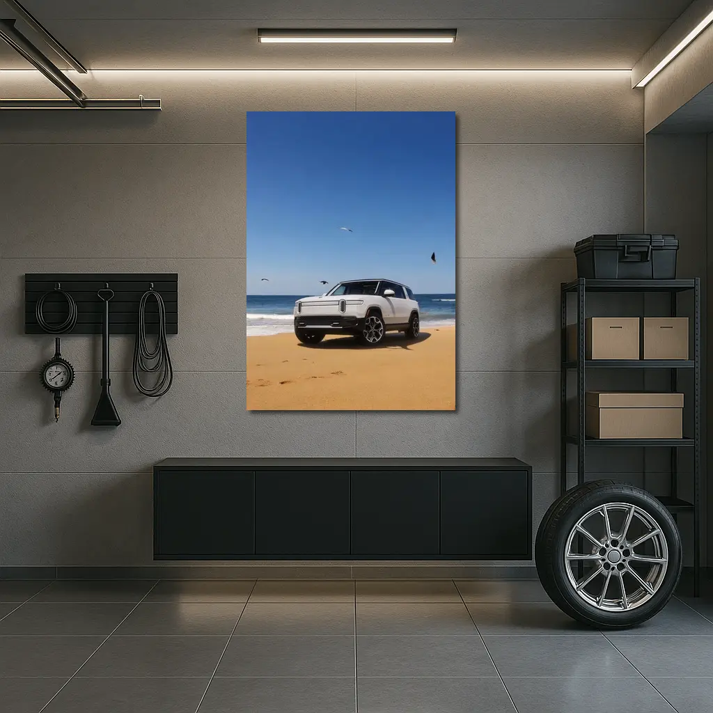 Rivian R1S White SUV Beach Ocean – Wall Art