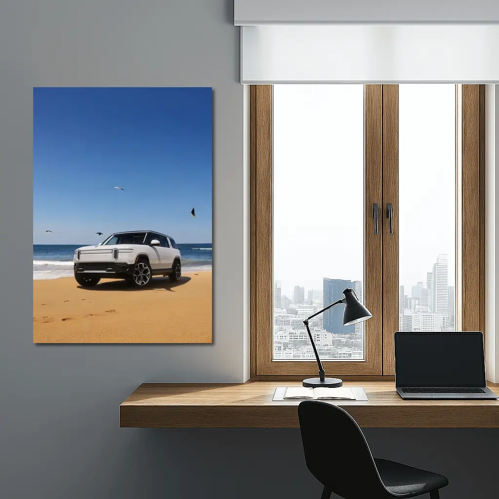 Rivian R1S White SUV Beach Ocean – Wall Art