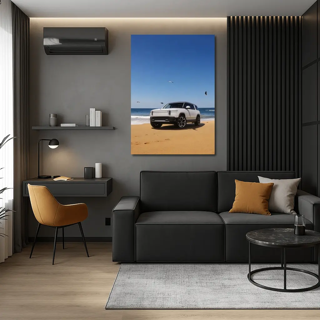 Rivian R1S White SUV Beach Ocean – Wall Art