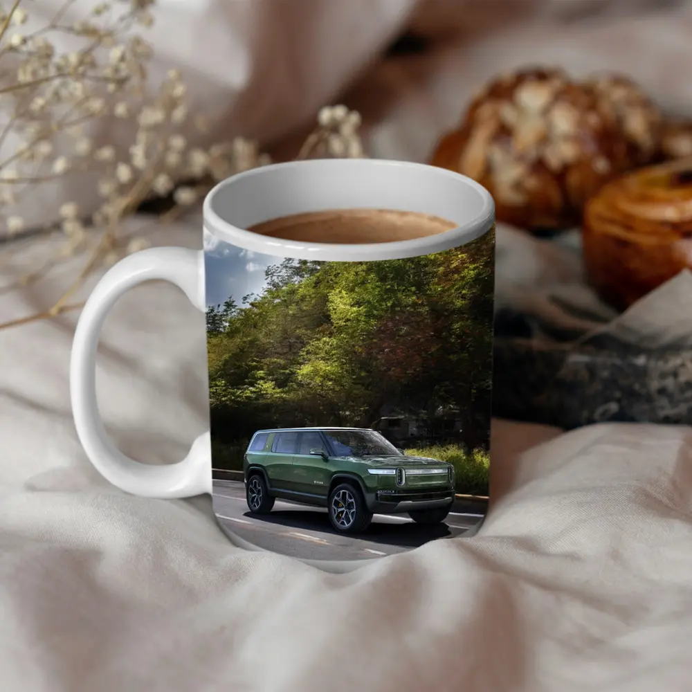 Rivian R1S Green SUV Forest Road Drive – Mugs