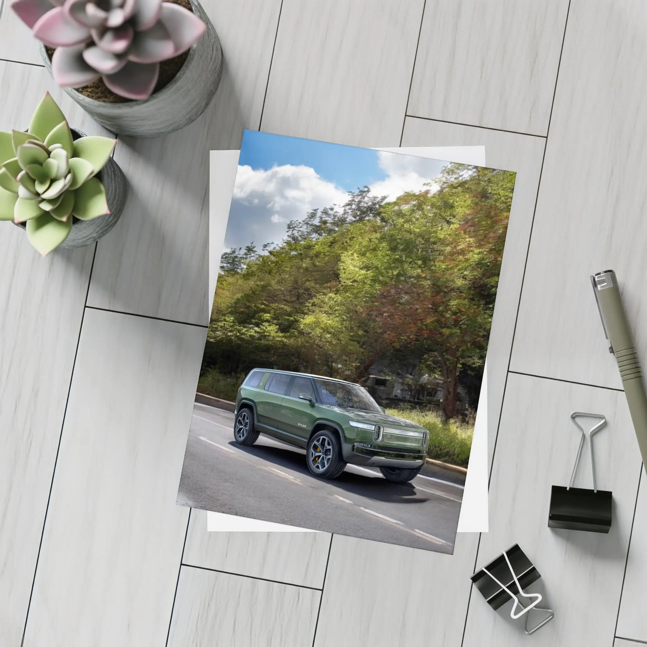 Rivian R1S Green SUV Forest Road Drive – Postcards