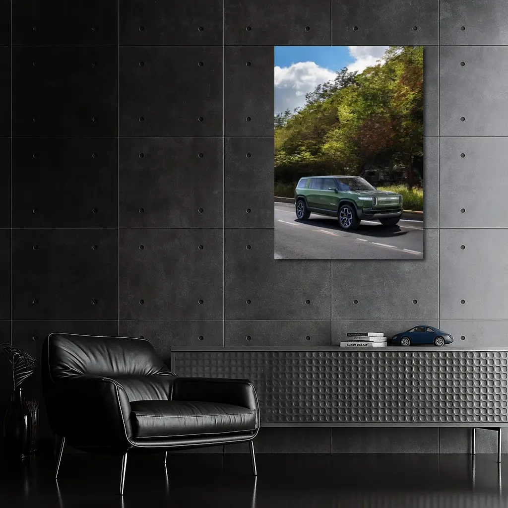 Rivian R1S Green SUV Forest Road Drive – Wall Art