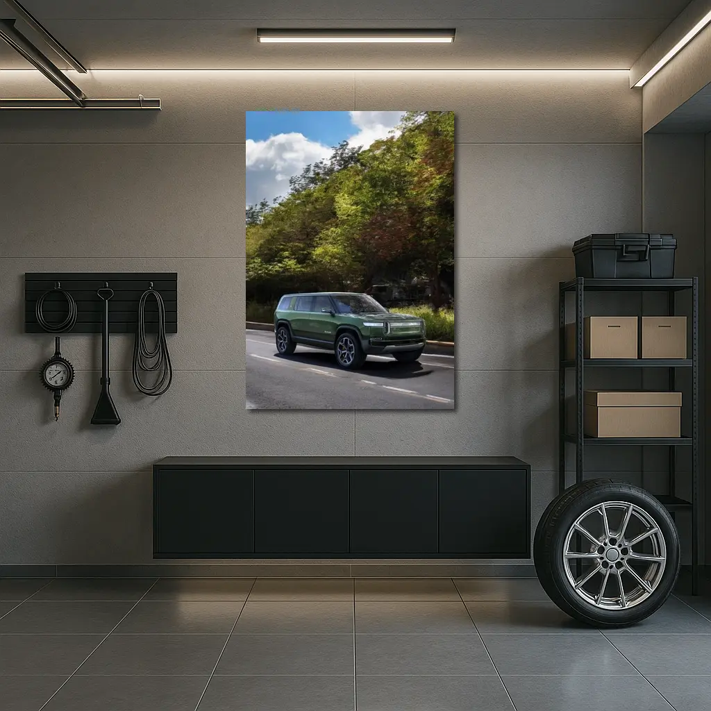 Rivian R1S Green SUV Forest Road Drive – Wall Art