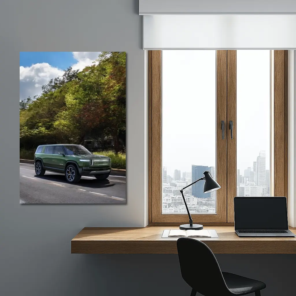 Rivian R1S Green SUV Forest Road Drive – Wall Art