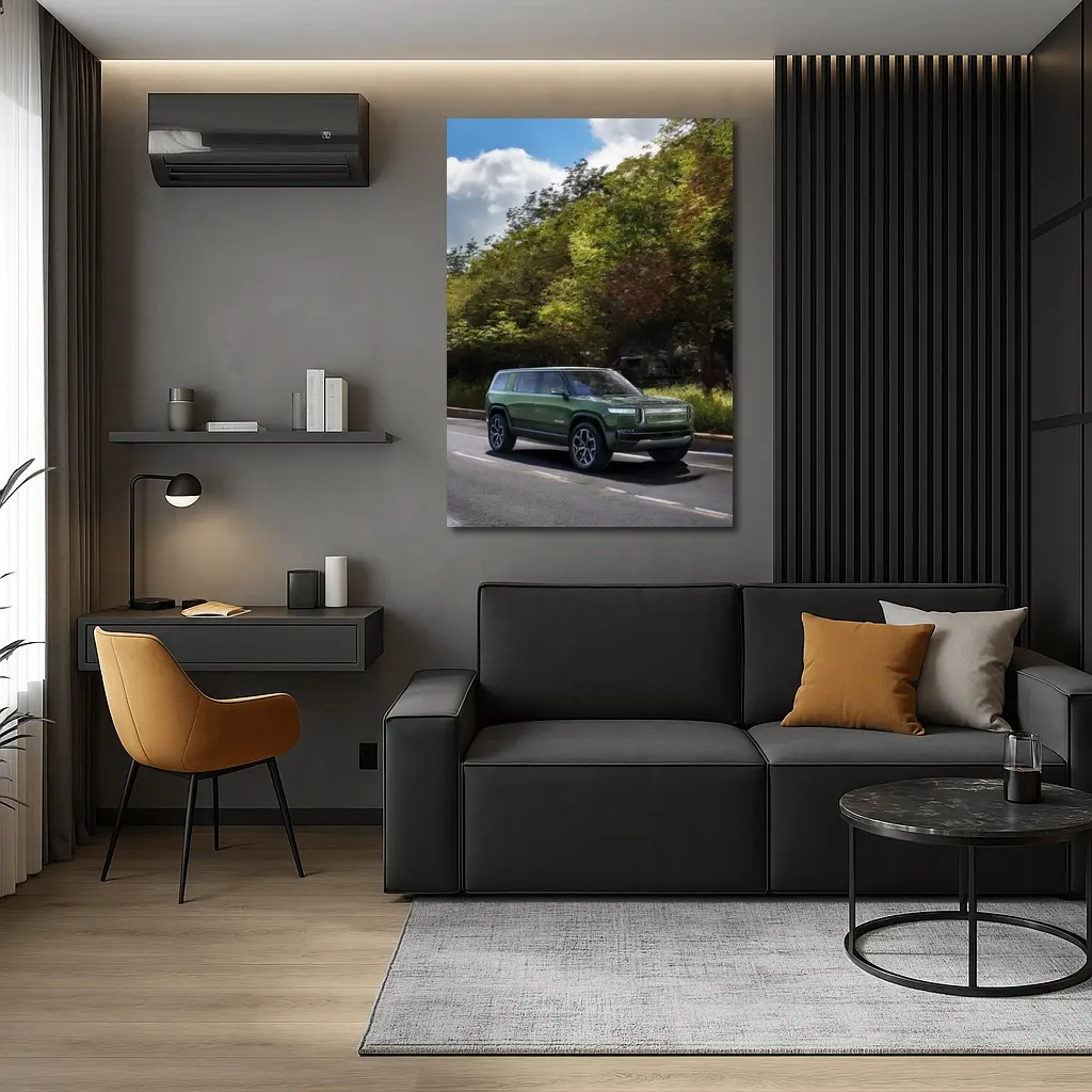 Rivian R1S Green SUV Forest Road Drive – Wall Art