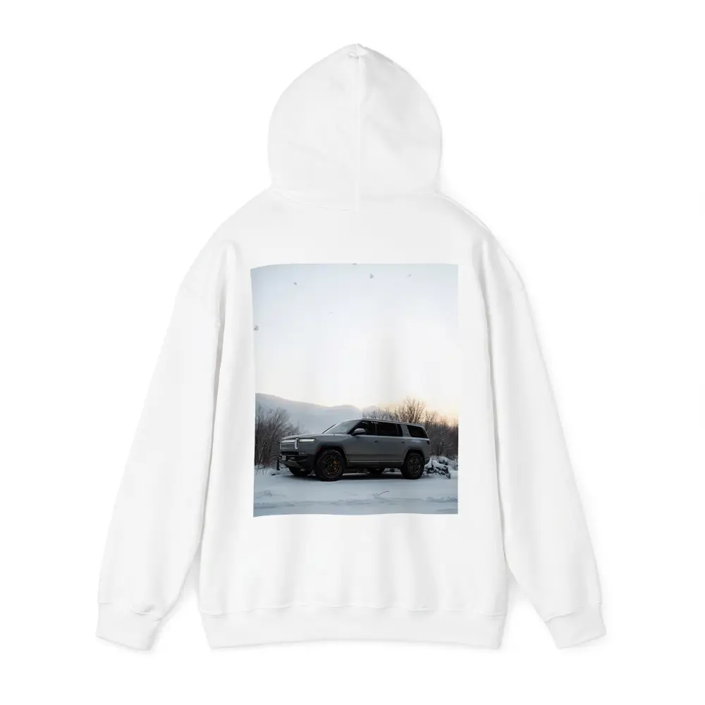 Rivian R1S SUV Parked in Winter Snow – Hoodies