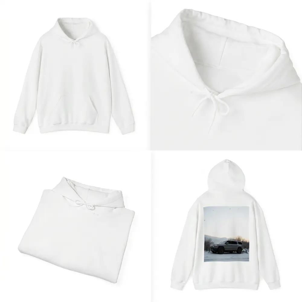 Rivian R1S SUV Parked in Winter Snow – Hoodies