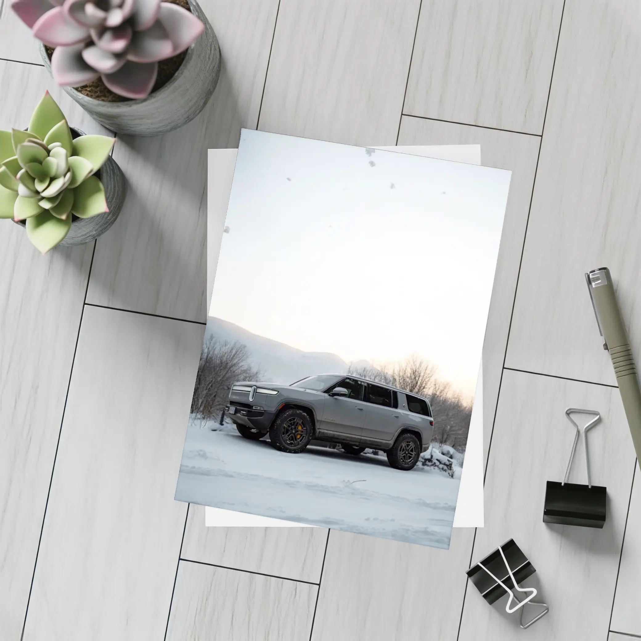 Rivian R1S SUV Parked in Winter Snow – Postcards