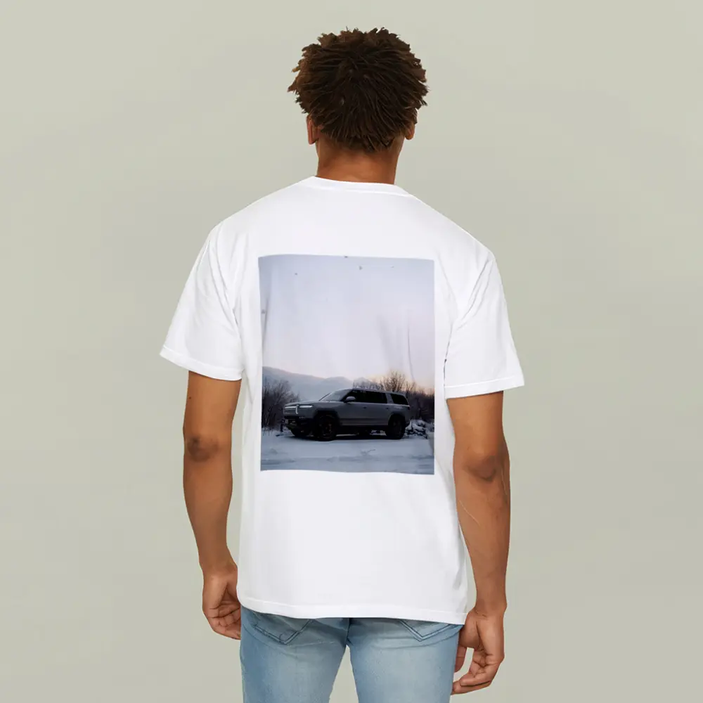 Rivian R1S SUV Parked in Winter Snow – T-Shirts