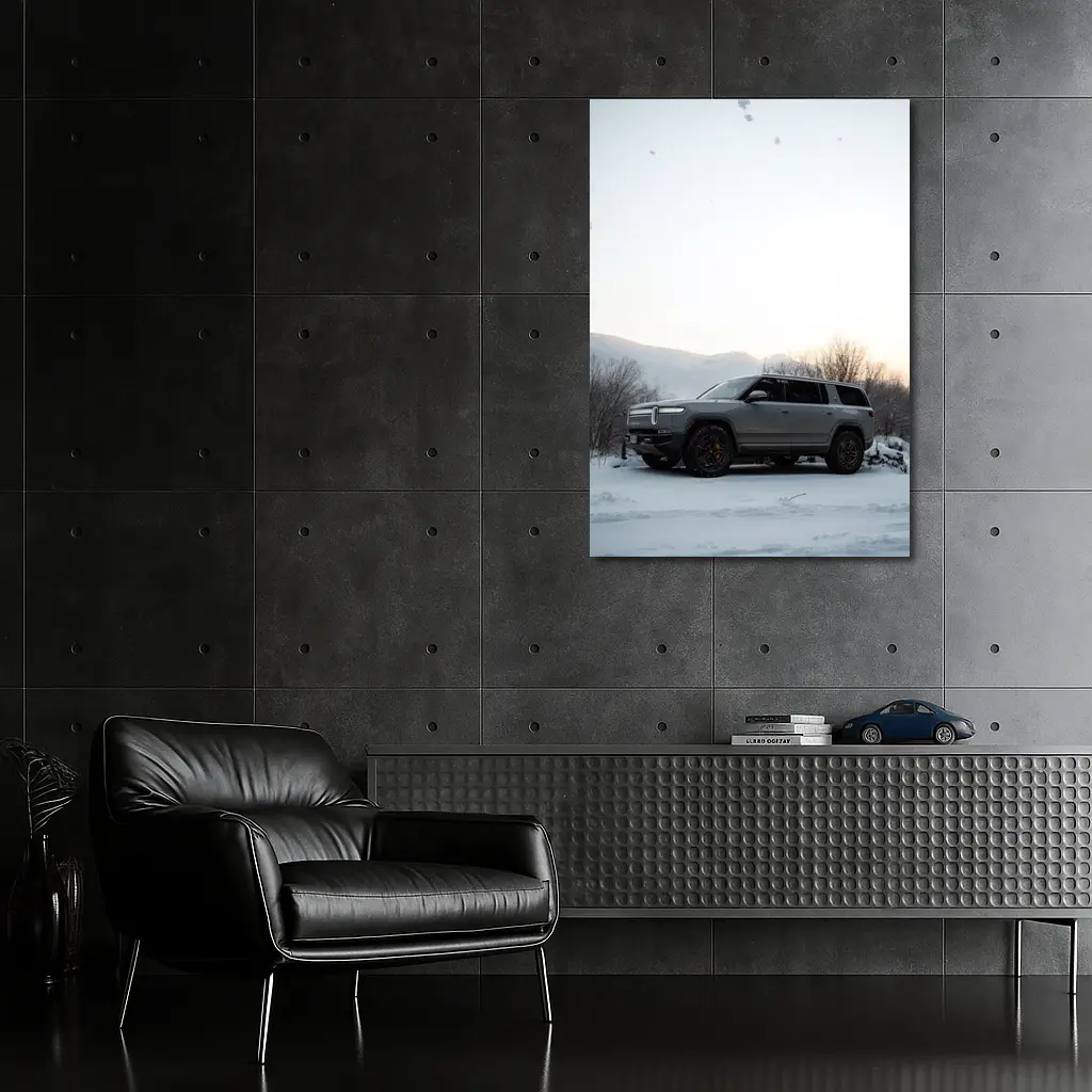 Rivian R1S SUV Parked in Winter Snow – Wall Art