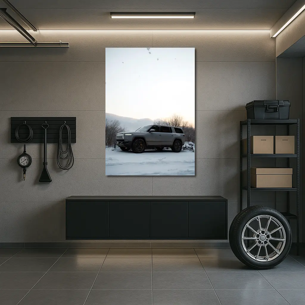 Rivian R1S SUV Parked in Winter Snow – Wall Art