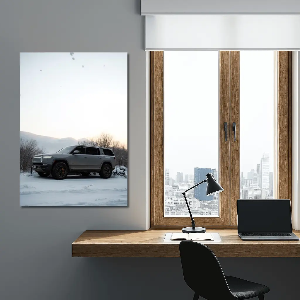 Rivian R1S SUV Parked in Winter Snow – Wall Art