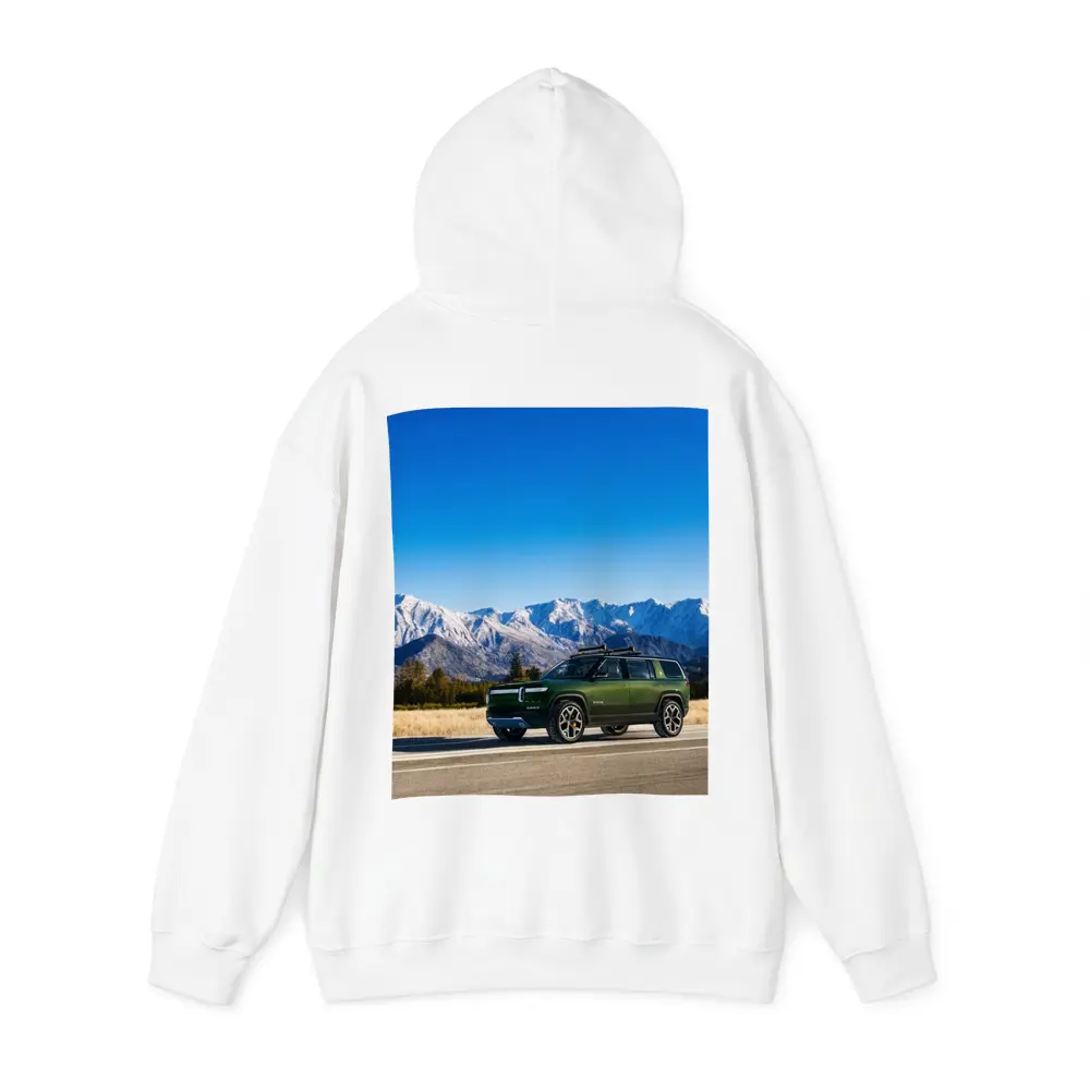 Rivian R1S Green SUV Snowy Mountains – Hoodies