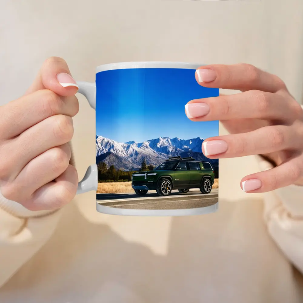 Rivian R1S Green SUV Snowy Mountains – Mugs