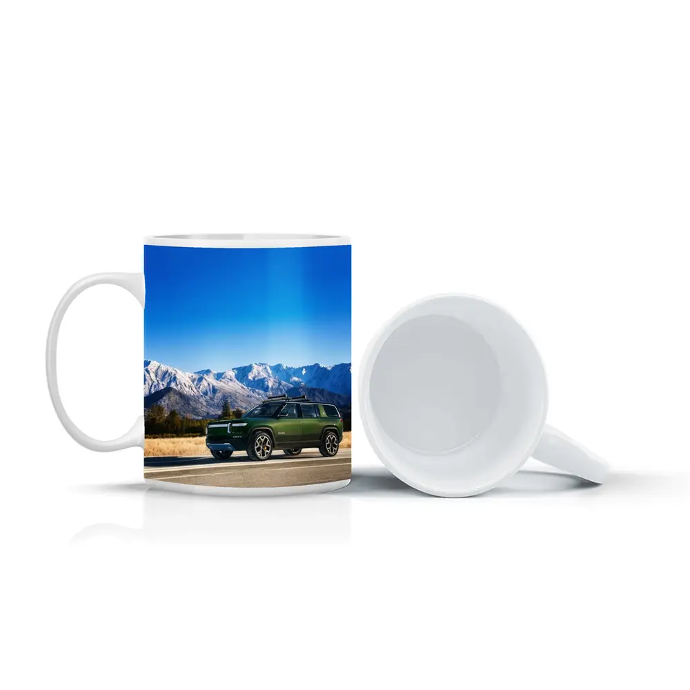 Rivian R1S Green SUV Snowy Mountains – Mugs