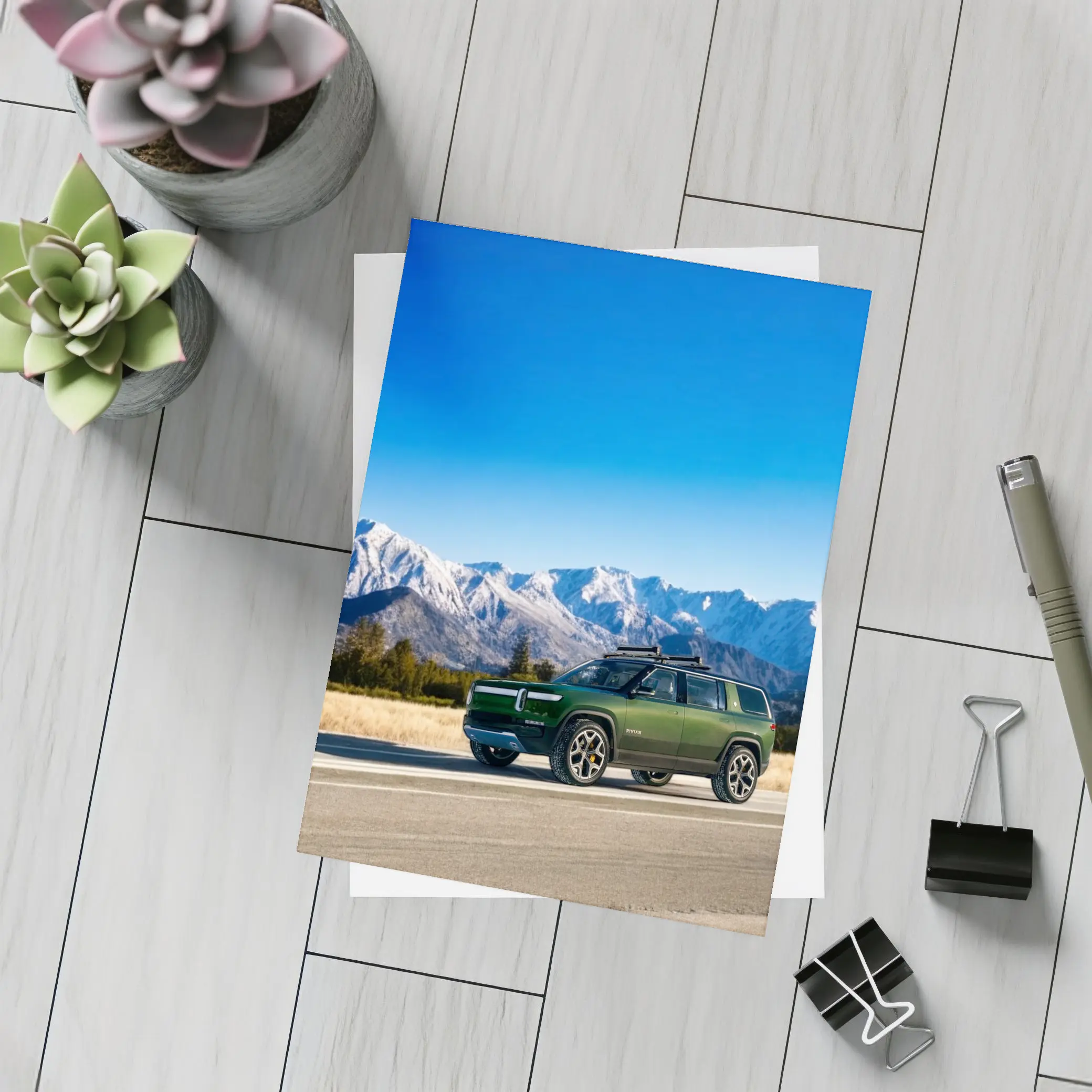 Rivian R1S Green SUV Snowy Mountains – Postcards