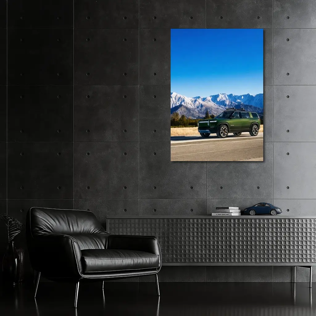 Rivian R1S Green SUV Snowy Mountains – Wall Art