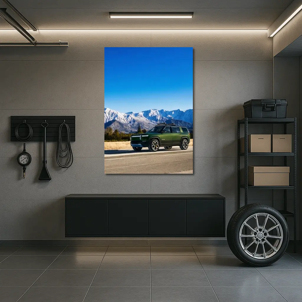 Rivian R1S Green SUV Snowy Mountains – Wall Art