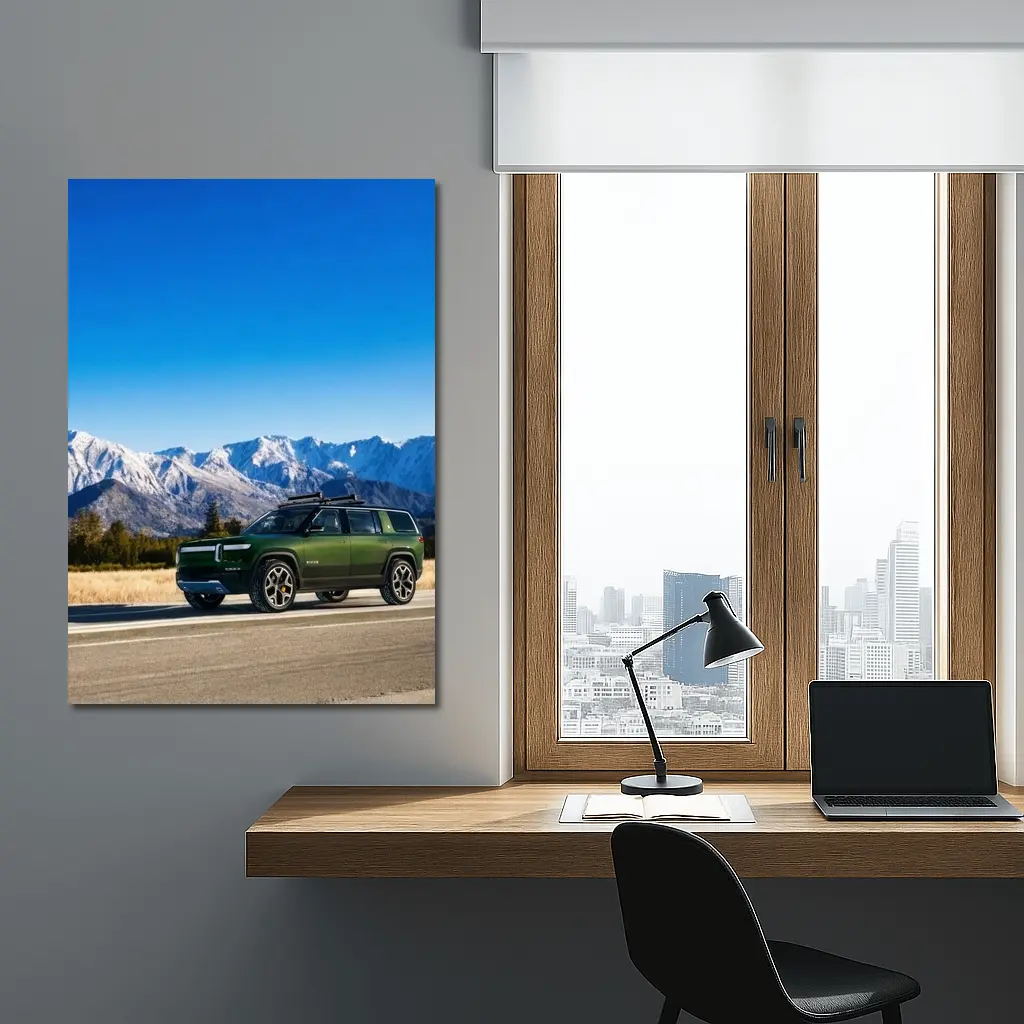 Rivian R1S Green SUV Snowy Mountains – Wall Art