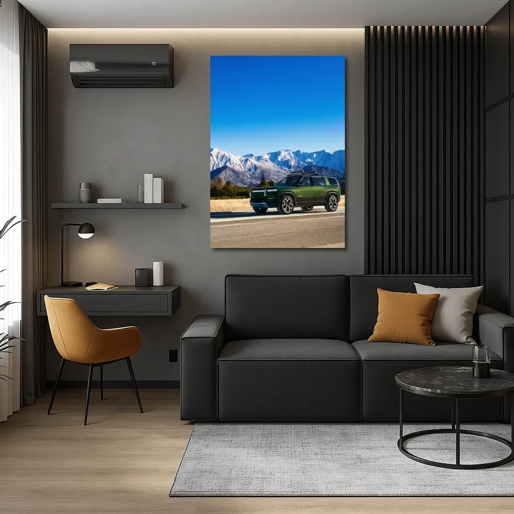 Rivian R1S Green SUV Snowy Mountains – Wall Art