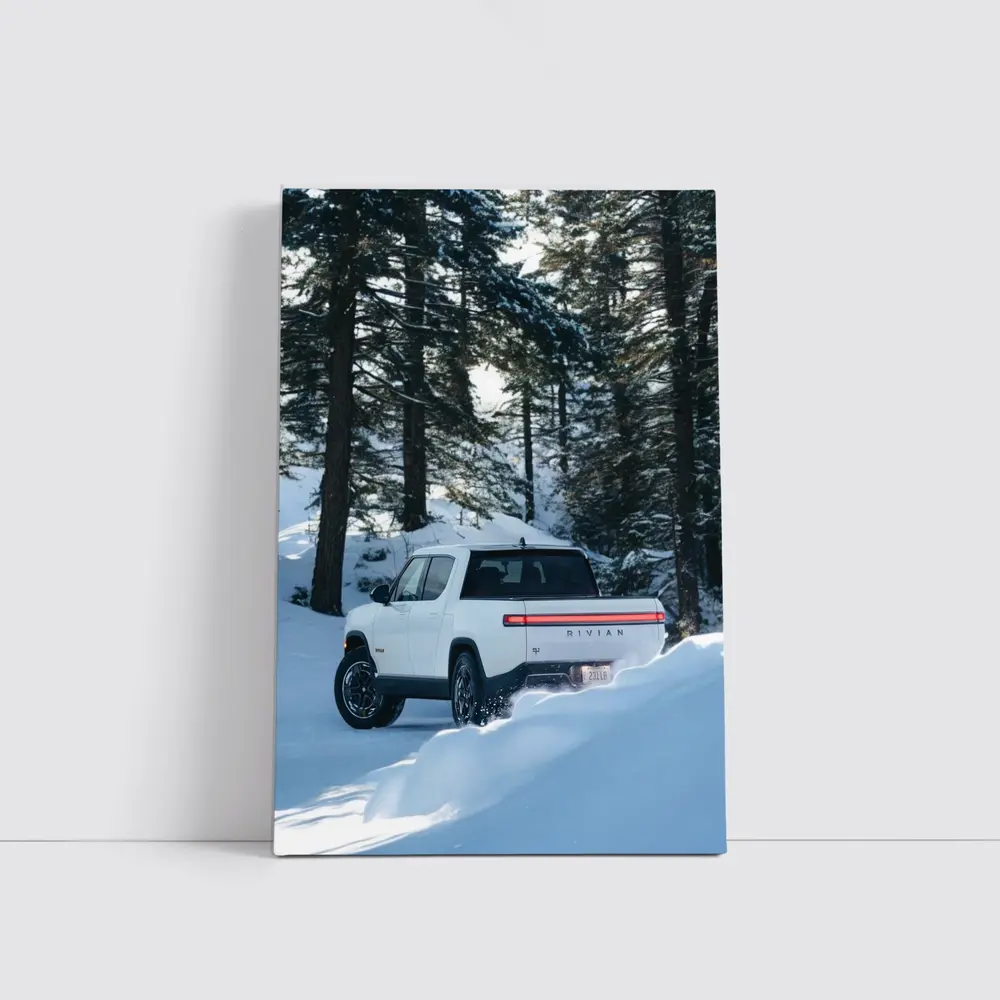 Rivian R1S White Truck Snowy Forest – Wall Art
