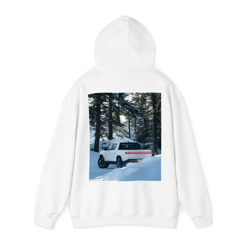 Rivian R1S White Truck Snowy Forest – Hoodies