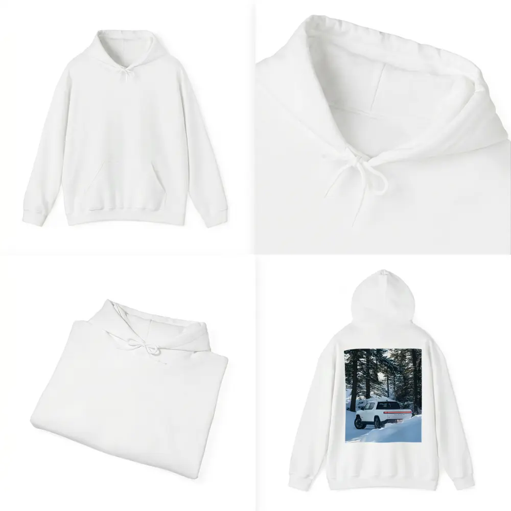 Rivian R1S White Truck Snowy Forest – Hoodies