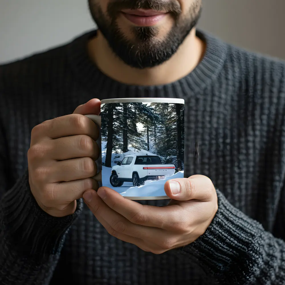 Rivian R1S White Truck Snowy Forest – Mugs