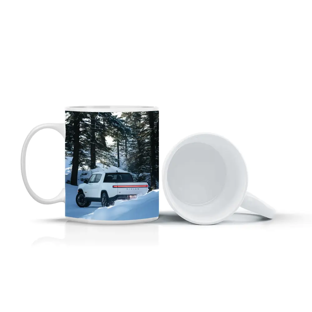 Rivian R1S White Truck Snowy Forest – Mugs
