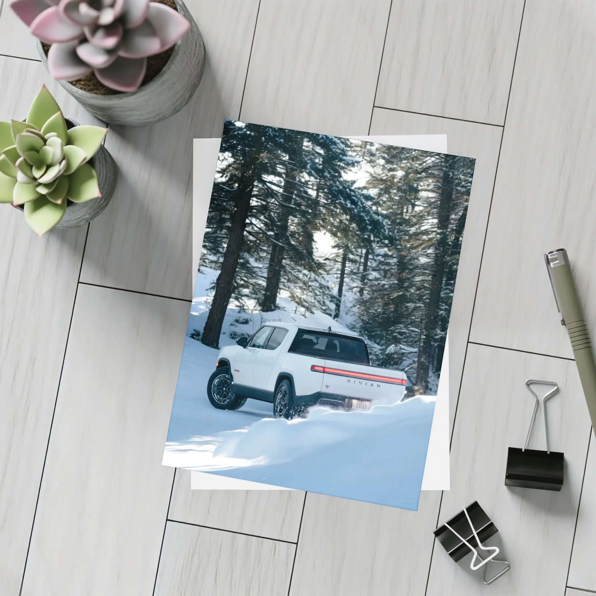Rivian R1S White Truck Snowy Forest – Postcards
