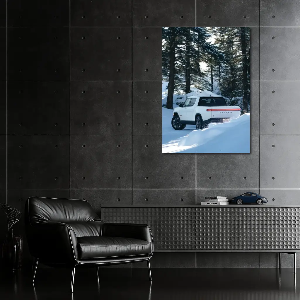 Rivian R1S White Truck Snowy Forest – Wall Art