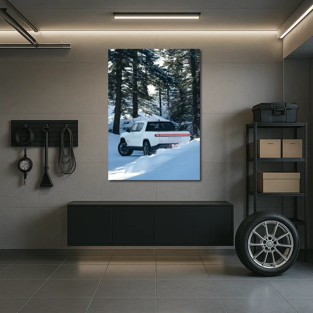 Rivian R1S White Truck Snowy Forest – Wall Art