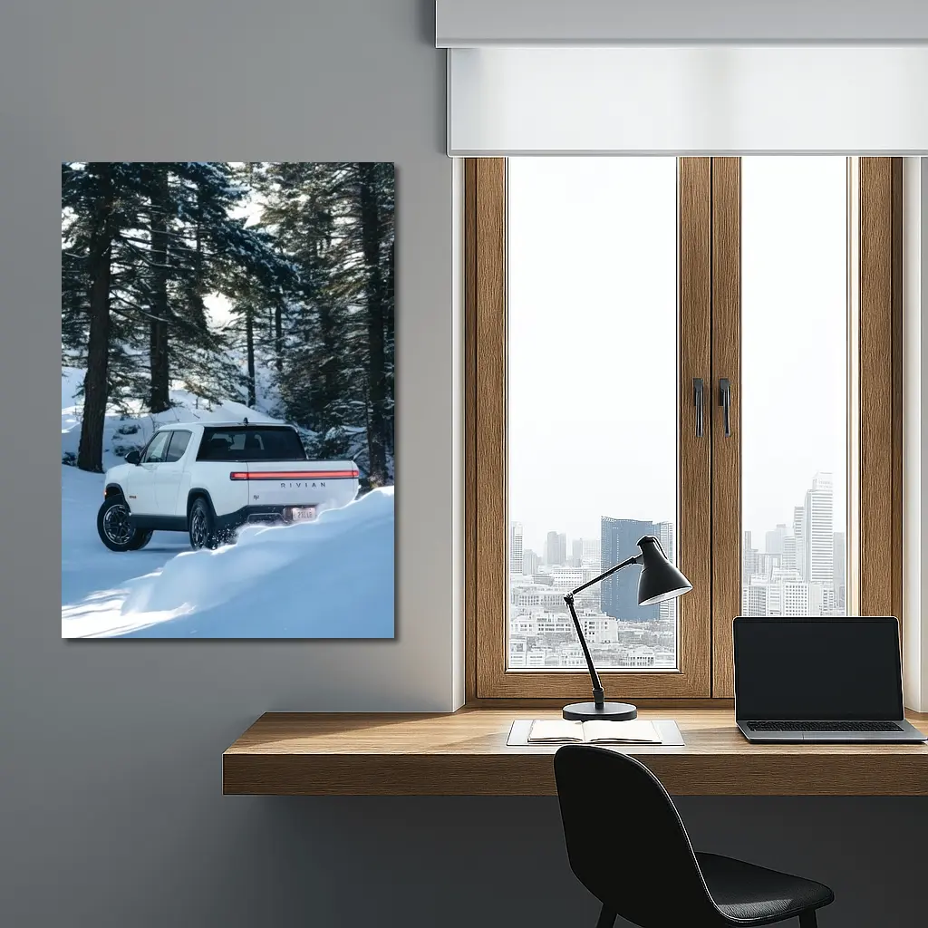 Rivian R1S White Truck Snowy Forest – Wall Art
