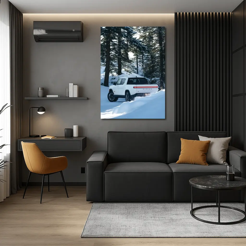 Rivian R1S White Truck Snowy Forest – Wall Art